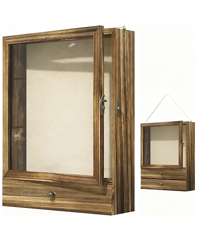 Yigii Wood Shadow Box with Shelves Drawer Display Case