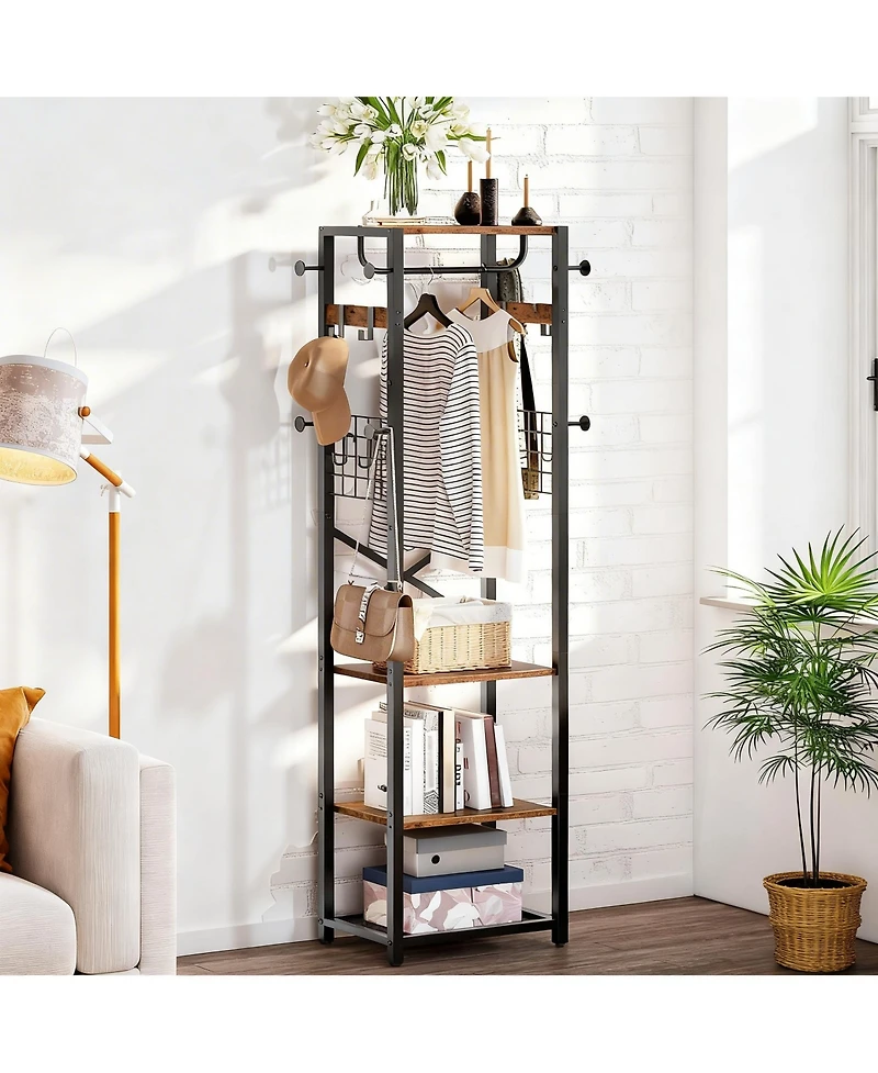 Yigii Coat Rack Freestanding Hall Tree Hanging Rail Shelves Industrial Entryway