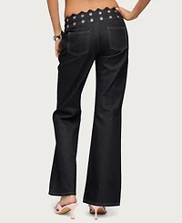 Edikted Women's Scalloped Grommet Low Rise Bootcut Jeans