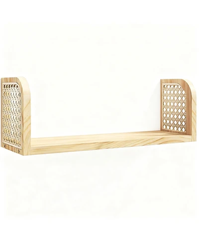 Yigii Rattan Wall Shelf Wooden Floating Storage Boho Decorative