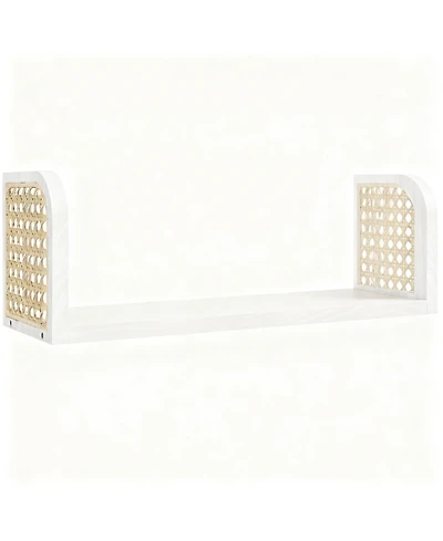 Yigii Rattan Wall Shelf Wooden Floating Storage Boho Decorative
