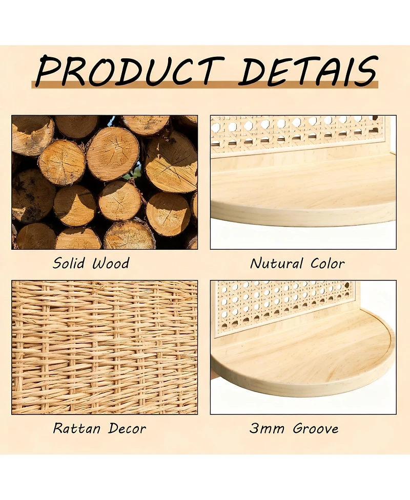 Yigii Rattan Wall Shelf Set of 3 7" Wicker Decor Boho Floating Shelves Plant Display