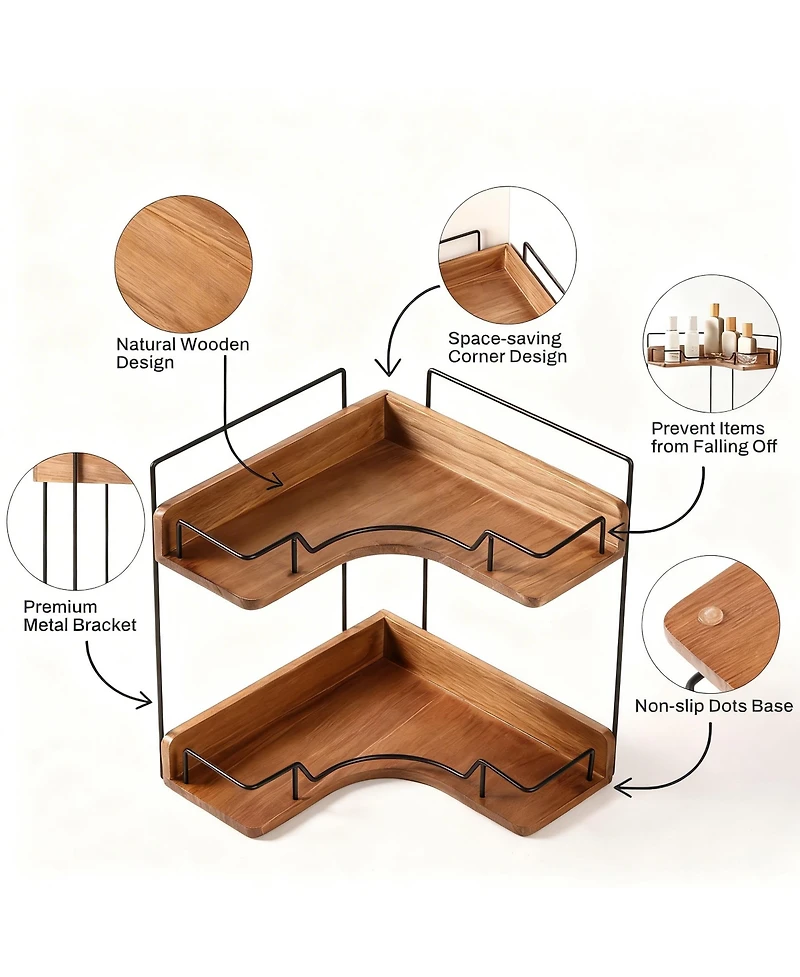 Yigii 2-Tier Wooden Corner Shelf Bathroom Counter Organizer Vanity Makeup Storage