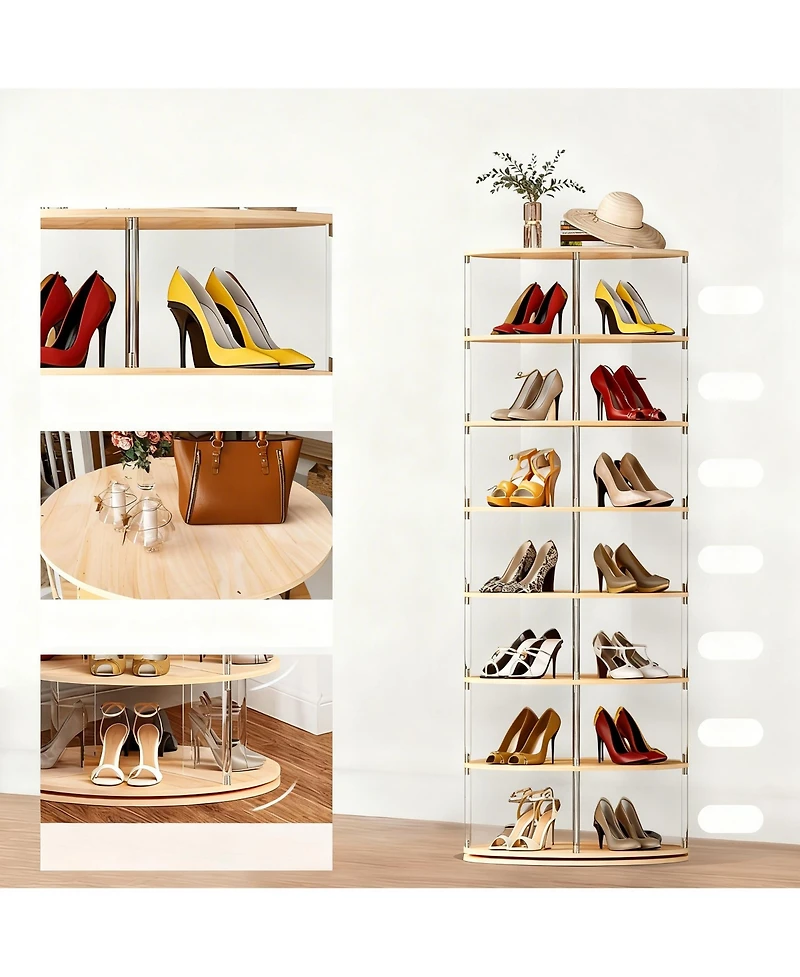 Yigii 7-Tier Rotating Shoe shelf 360 degree Spinning Tower Wood Acrylic Organizer
