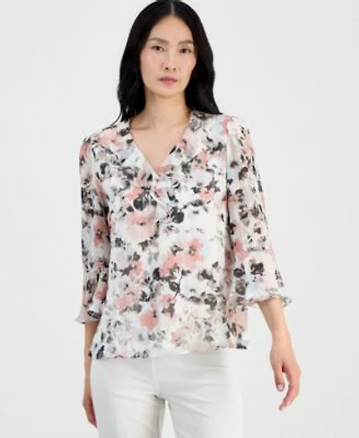 Kasper Womens Ruffle Front V Neck Blouse