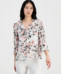 Kasper Womens Ruffle Front V Neck Blouse