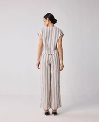 Reistor Women's Striped Matching Set with Wide-Leg Pants and V-neck Top