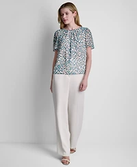 Dkny Petite Woven Short-Sleeve Printed Blouse