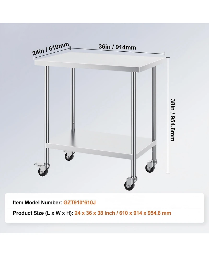 Gouun Stainless Steel Rolling Work Table 24 x 36 x 38 in with 4 Casters