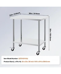 Gouun Stainless Steel Rolling Work Table 24 x 36 x 38 in with 4 Casters