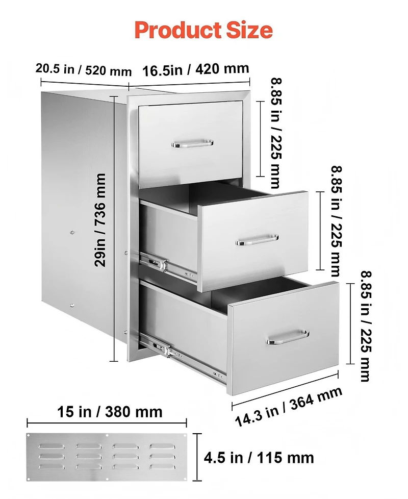 Gouun Stainless Steel Triple Access Outdoor Kitchen Drawers 16.5 x 29 x 20.5 in, Flush Mount Bbq Island