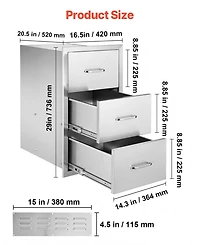 Gouun Stainless Steel Triple Access Outdoor Kitchen Drawers 16.5 x 29 x 20.5 in, Flush Mount Bbq Island
