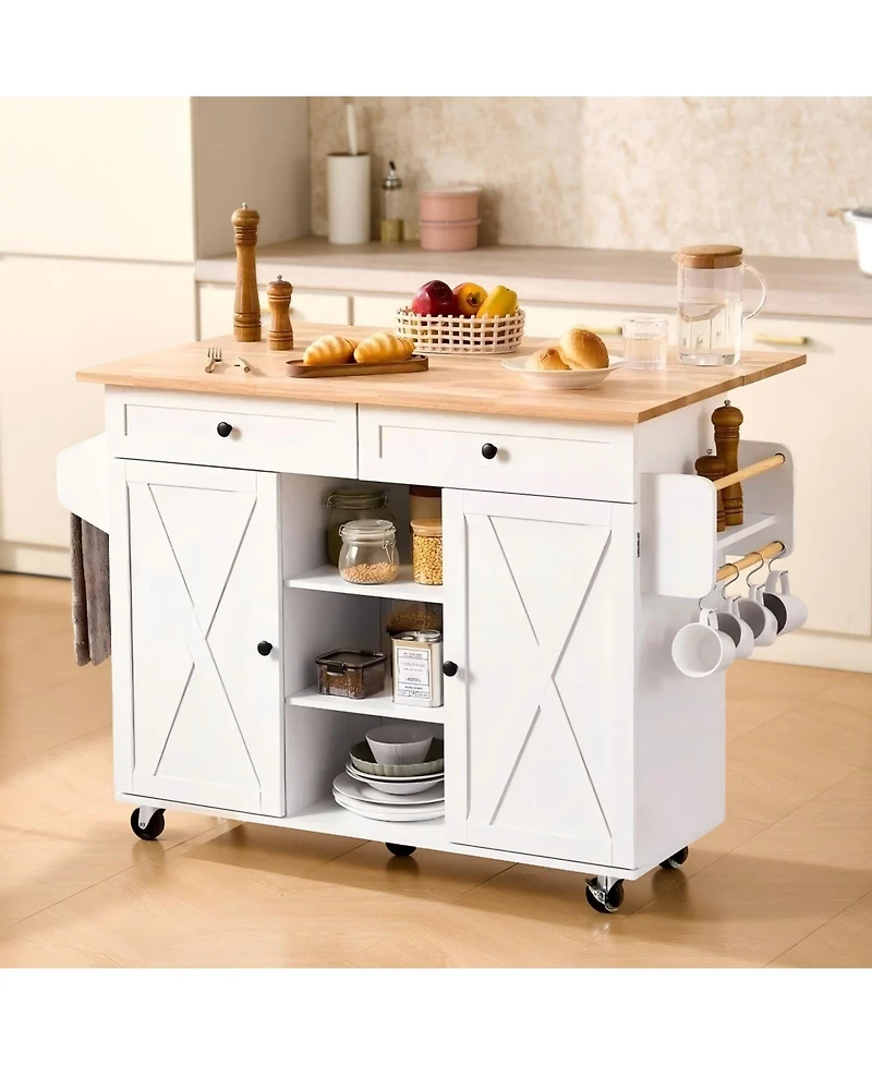 Gouun 52 in Rolling Kitchen Island Cart with Solid Wood Top and Storage Cabinet, Drop Leaf