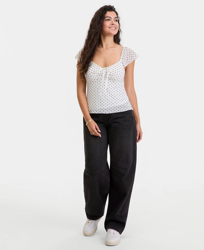 Ultra Flirt Juniors' Flutter-Sleeve Tie-Neck Top