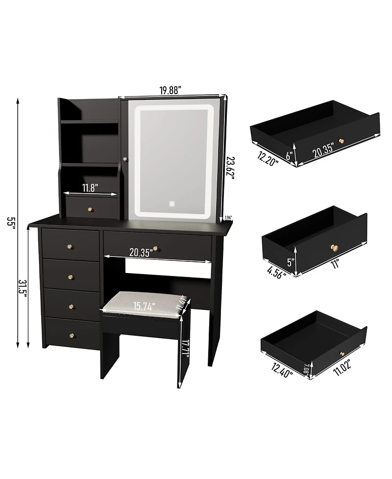 Dyhome Vanity Desk with Sliding Mirror and Led Lights & Charging Station