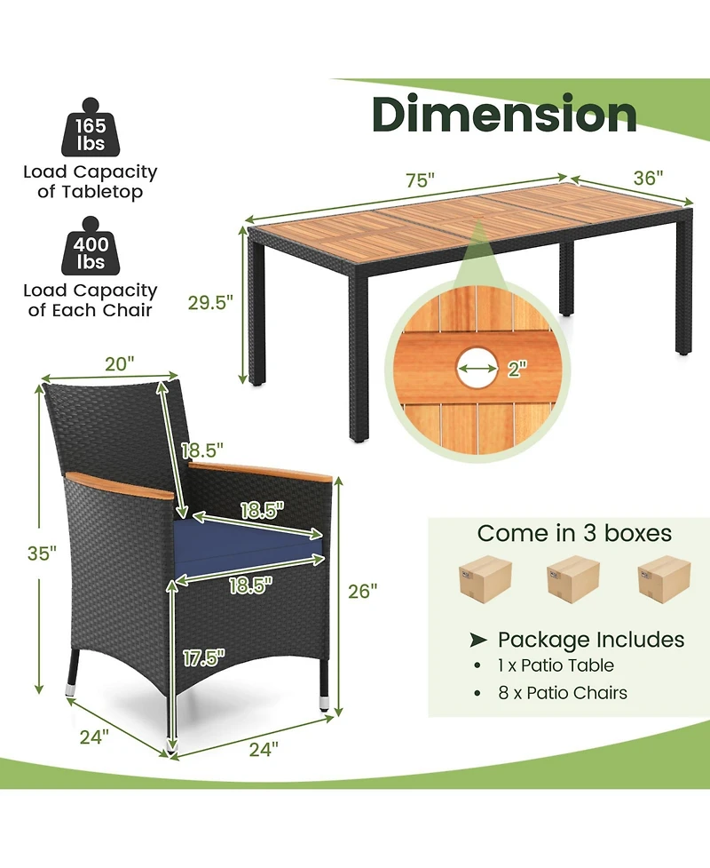 Gymax Set of 9 Outdoor Dining Set w/ Acacia Wood Tabletop and Umbrella Hole and Seat Cushions