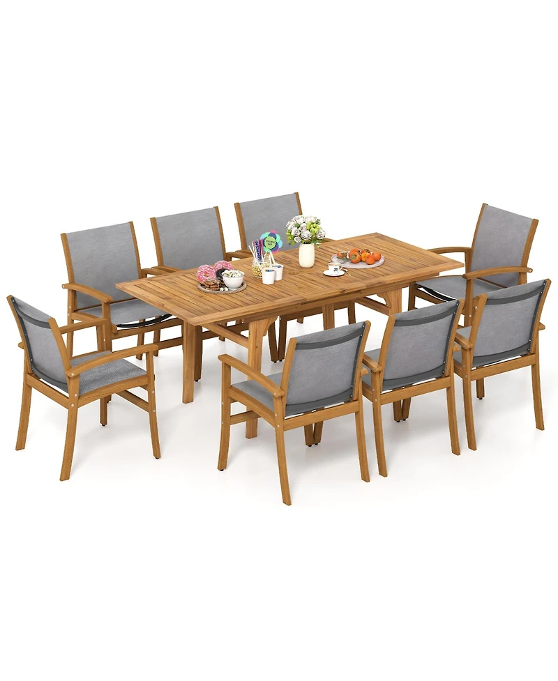 Gymax 9-Piece Acacia Wood Outdoor Dining Set for 6-8 w/ 1.97'' Umbrella Hole