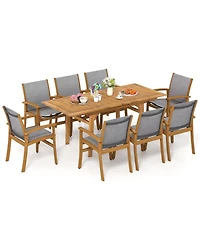 Gymax 9-Piece Acacia Wood Outdoor Dining Set for 6-8 w/ 1.97'' Umbrella Hole