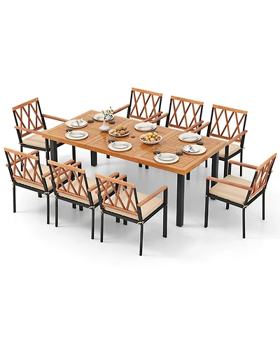 Gymax 9 Pcs Patio Dining Set Acacia Wood Table w/ Soft Cushions and 1.9'' Umbrella Hole