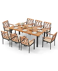 Gymax 9 Pcs Patio Dining Set Acacia Wood Table w/ Soft Cushions and 1.9'' Umbrella Hole