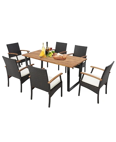 Gymax 5PCS Rattan Dining Set Acacia Wood Table 4 Wicker Chairs w/ Umbrella Hole Patio