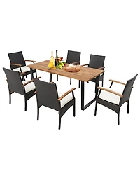 Gymax 5PCS Rattan Dining Set Acacia Wood Table 4 Wicker Chairs w/ Umbrella Hole Patio