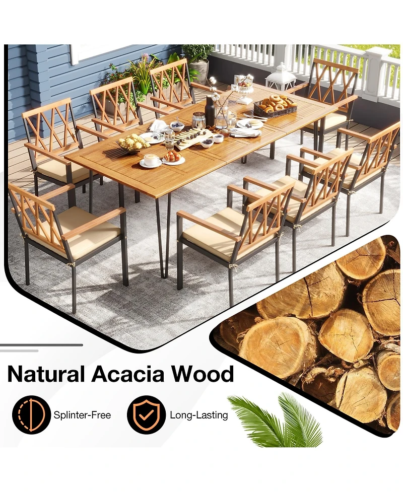 Gymax 9 Pcs Patio Dining Set w/ 8 Chairs Acacia Wood Table Top Umbrella Hole for Yard