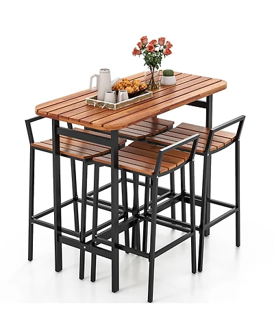Gymax Acacia Wood Patio Table and Chair Set 5 Pcs Outdoor Dining Set with 1 Table and 4 Bar Height Chairs