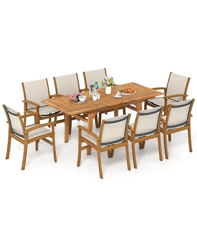 Gymax 9PCS Acacia Wood Outdoor Dining Set w/ 1.97'' Umbrella Hole for Backyard Garden