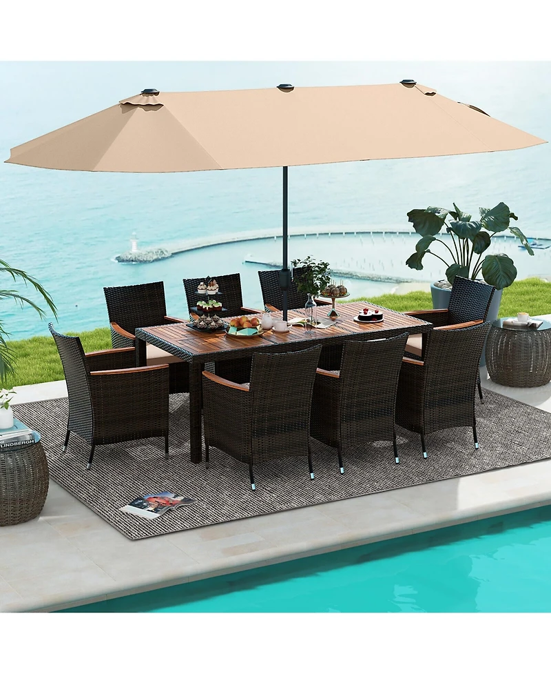 Gymax 9 Piece Patio Wicker Dining Set w/ Double-Sided Patio Coffee Umbrella Stackable Chairs