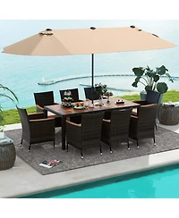 Gymax 9 Piece Patio Wicker Dining Set w/ Double-Sided Patio Coffee Umbrella Stackable Chairs