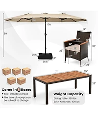 Gymax 9 Piece Patio Wicker Dining Set w/ Double-Sided Patio Beige Umbrella Stackable Chairs