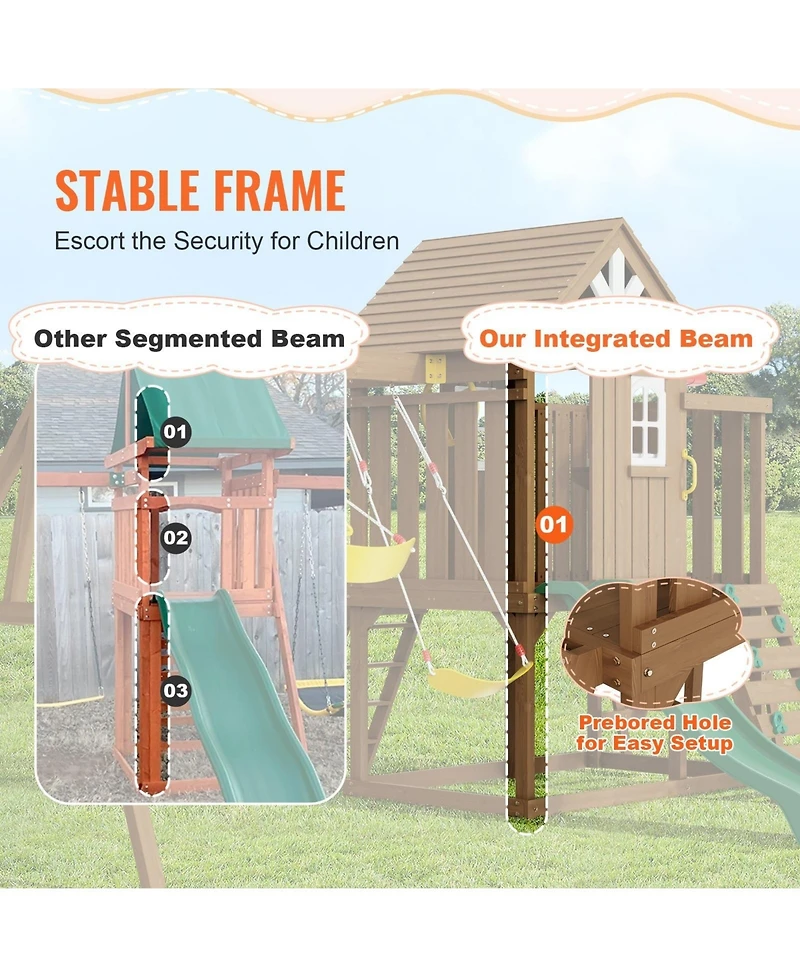 Gouun 9 in 1 Wooden Swing Set with Slide Swings Fort Picnic Table and Sandbox
