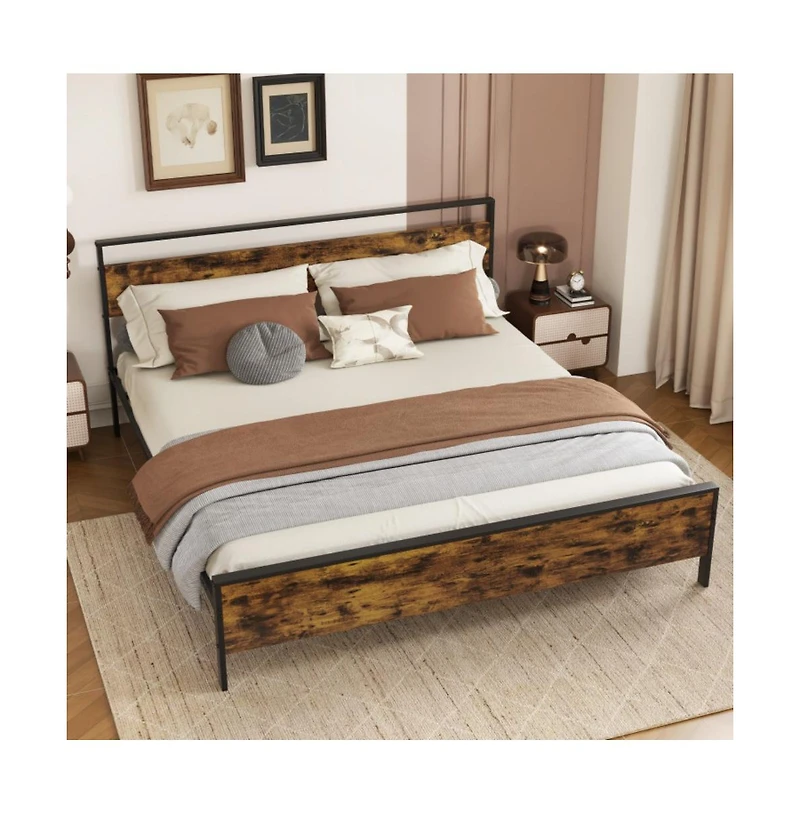 Gouun Metal Bed Frame Industrial Platform Bed with Wooden Headboard