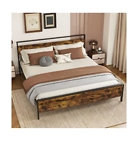 Gouun Metal Bed Frame Industrial Platform Bed with Wooden Headboard