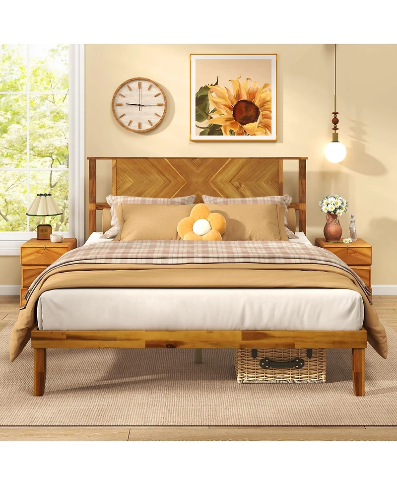 Gouun Bed Frame Mid-Century Acacia Wood Platform Bed with Headboard