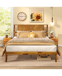 Gouun Bed Frame Mid-Century Acacia Wood Platform Bed with Headboard
