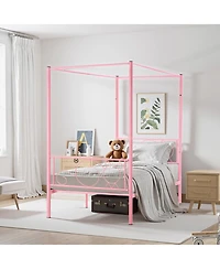 Gouun Twin Canopy Bed Frame with Metal Slats and Underbed Storage