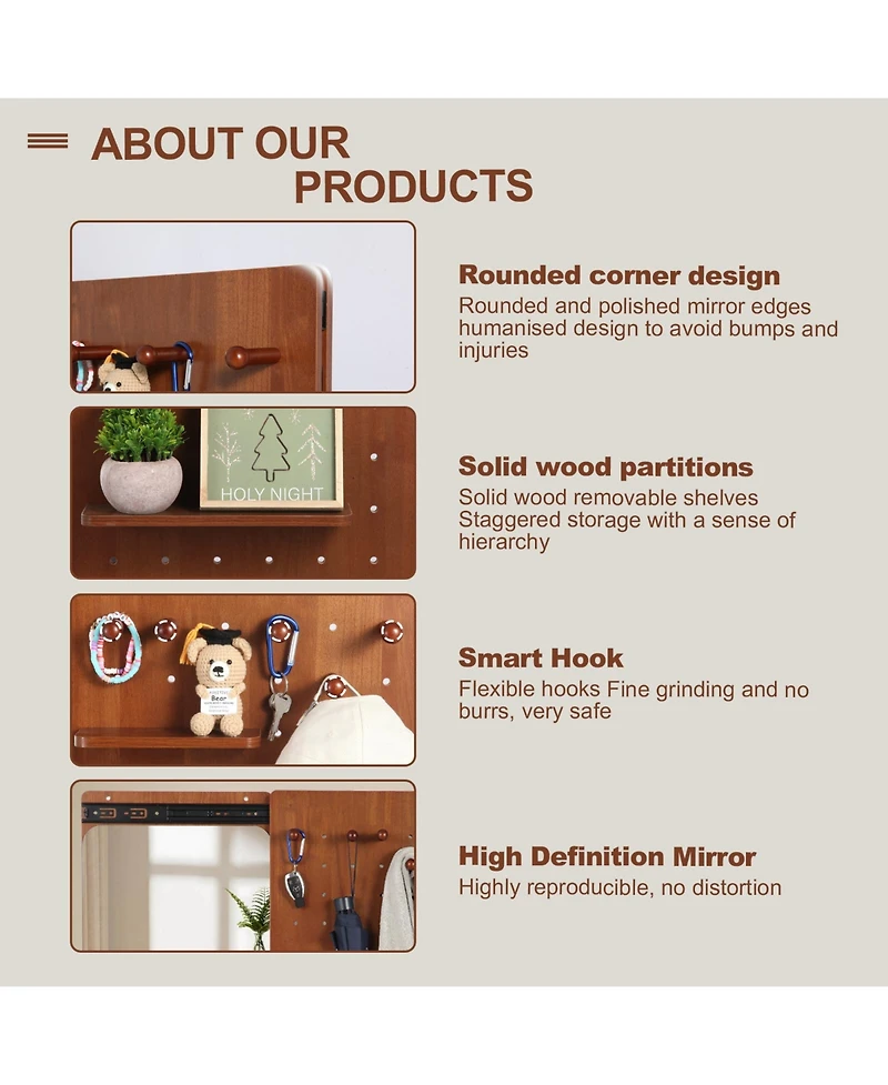 Busdays Wall Mounted Full Length Mirror with Shelf and Hook, Walnut 47.615.7in Multifunctional for Bedroom Entrance