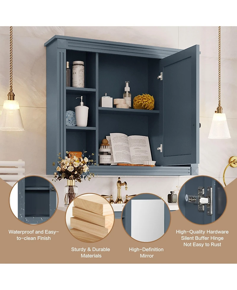 Busdays 35" x 28" Wall Mounted Bathroom Storage Cabinet with Mirror, Medicine Cabinet with 6 Open Shelves, Modern Design