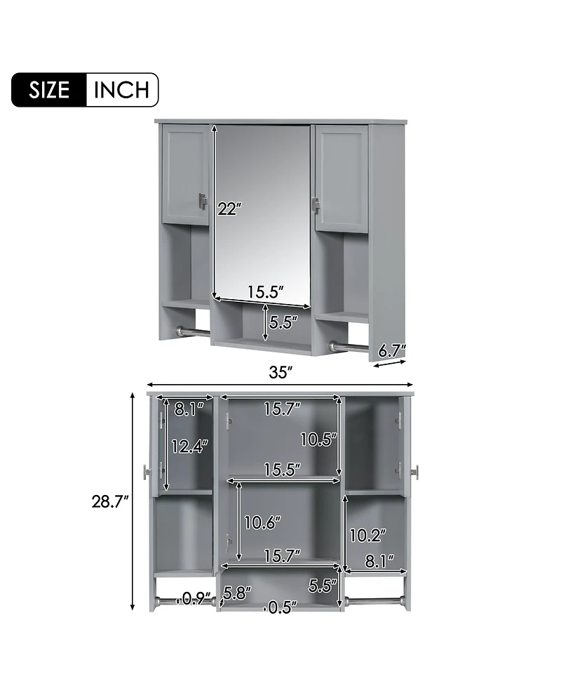 Busdays 35" x 28" Wall Mounted Bathroom Storage Cabinet with Mirror, Medicine Cabinet with Towel Bar, Modern Design