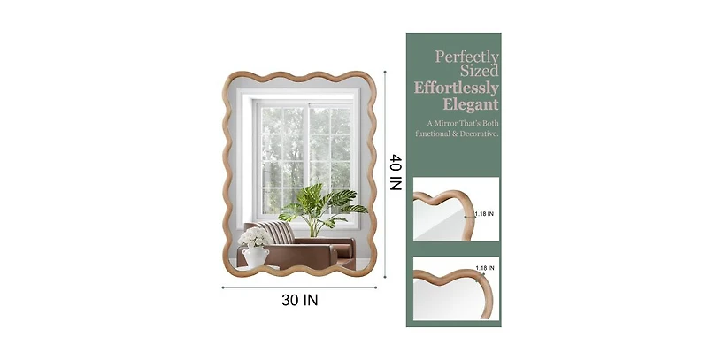Busdays 30" x 40" Natural Wood Wavy Rectangle Decorative Mirror, Solid Wood Frame for Bathroom Wall