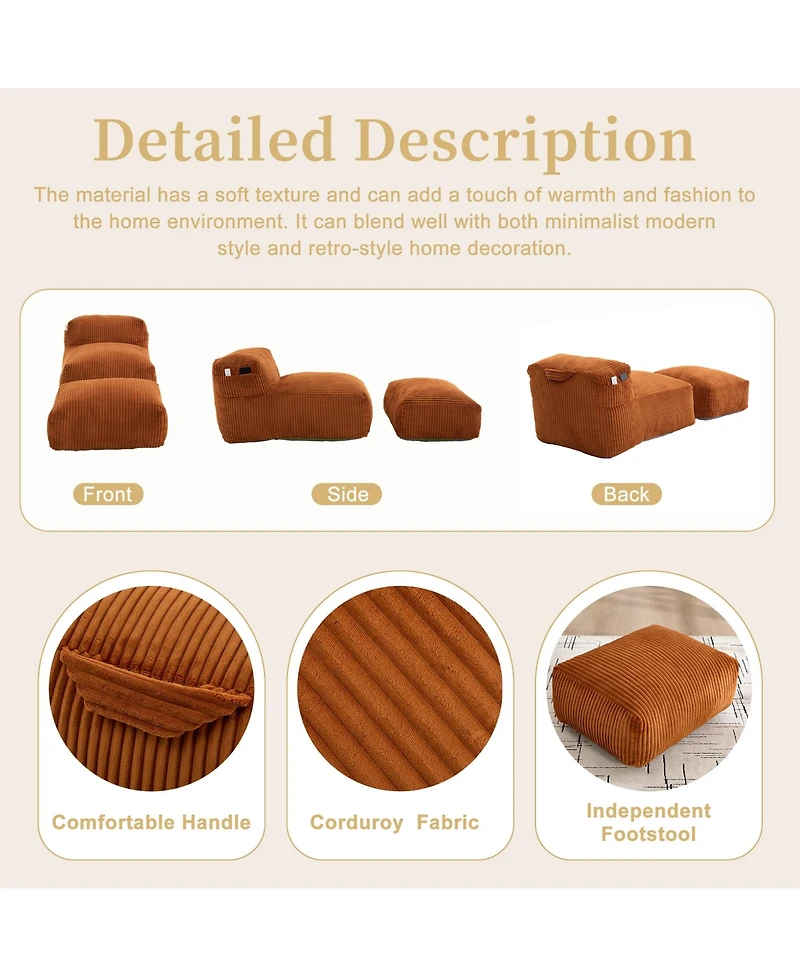 Rainsken Corduroy Bean Bag Chair with Ottoman, Large Beanbag with Side Pockets & Memory Foam for Living Room Lounge