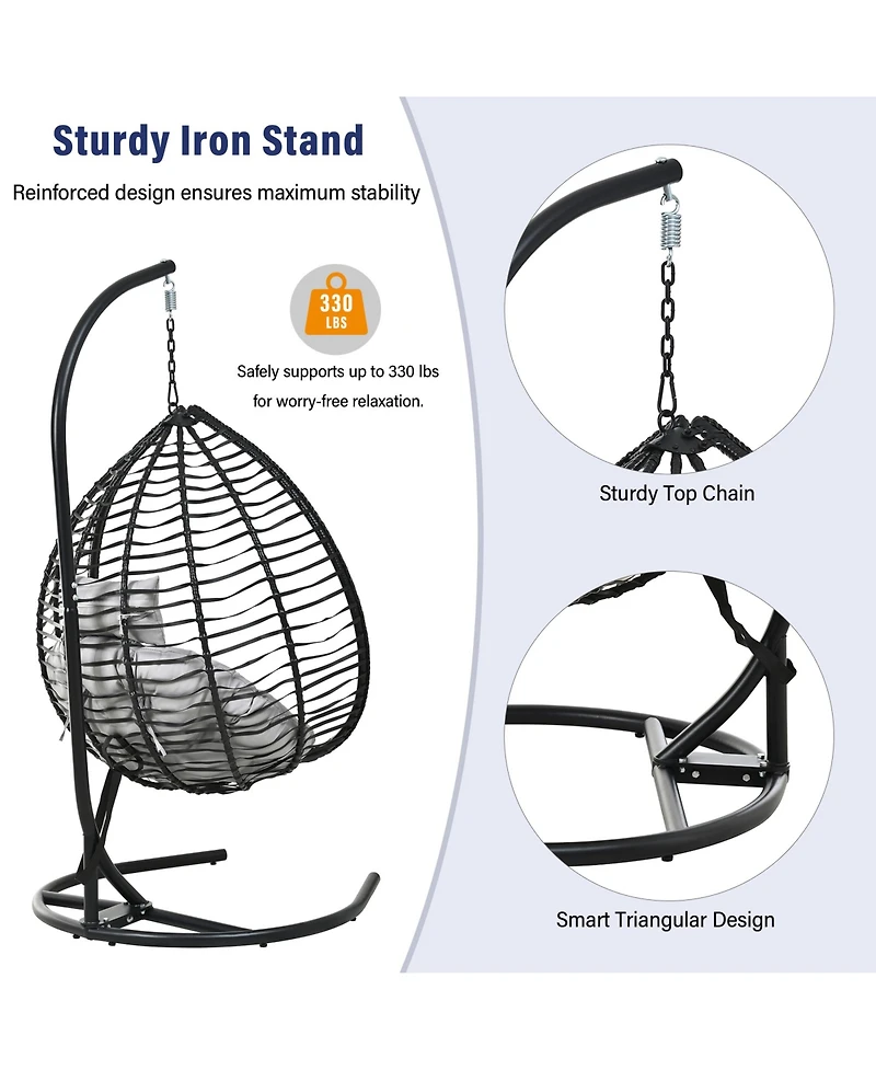 Rainsken Foldable Rattan Hanging Egg Chair, Swing Hammock Chair with Sturdy Iron Frame, Soft Cushion and Detachable Headrest for Indoor Outdoor Use