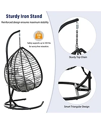 Rainsken Foldable Rattan Hanging Egg Chair, Swing Hammock Chair with Sturdy Iron Frame, Soft Cushion and Detachable Headrest for Indoor Outdoor Use