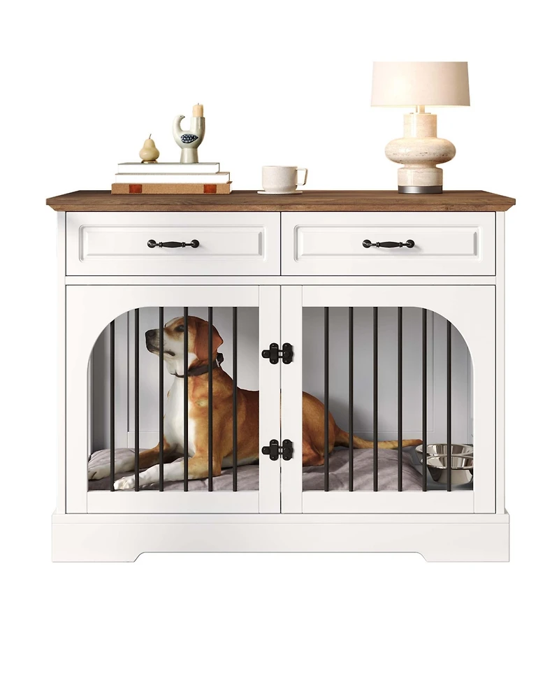 Aostirmotor Farmhouse Dog Crate Furniture with Storage and Rotating Bowls, Metal Kennel for Large Dogs, Side Table