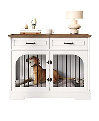 Aostirmotor Farmhouse Dog Crate Furniture with Storage and Rotating Bowls, Metal Kennel for Large Dogs, Side Table