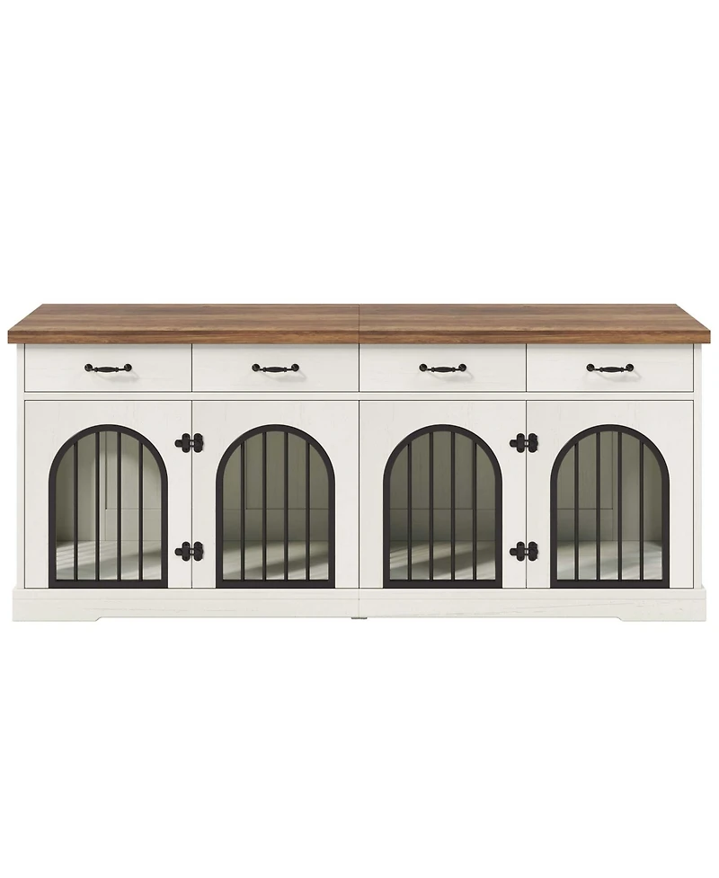 Aostirmotor 70.8" Dog Crate Furniture for 2 Dogs with Divider, 4 Storage Drawers and Doors, End Table Tv Stand, Whiteand