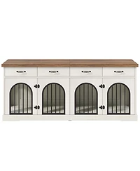 Aostirmotor 70.8" Dog Crate Furniture for 2 Dogs with Divider, 4 Storage Drawers and Doors, End Table Tv Stand, Whiteand