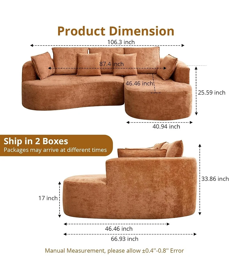 gaomon 106" Curved Sectional Sofa with Chaise, Boneless Couch with Pillows, Memory Foam, No Assembly